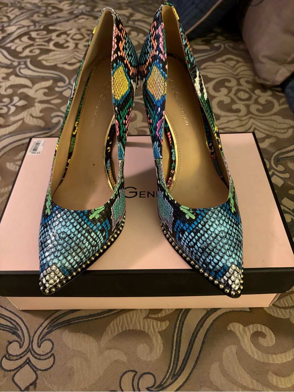 BCBGeneration Multicolor Snakeskin Pointed Toe Heels